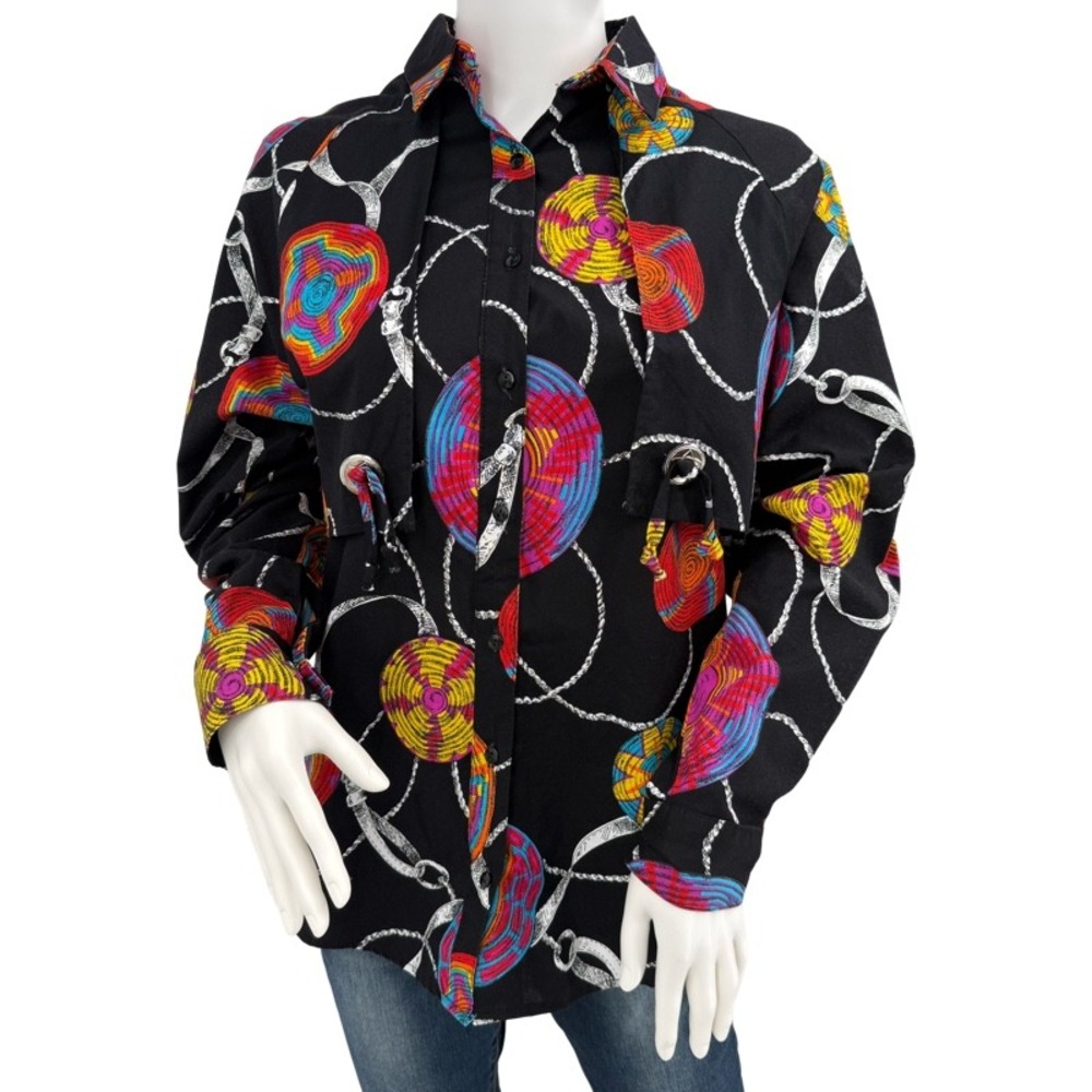 WRANGLER Vintage Medium Western Button Down Black‎ Multi Color Rope Print Shirt